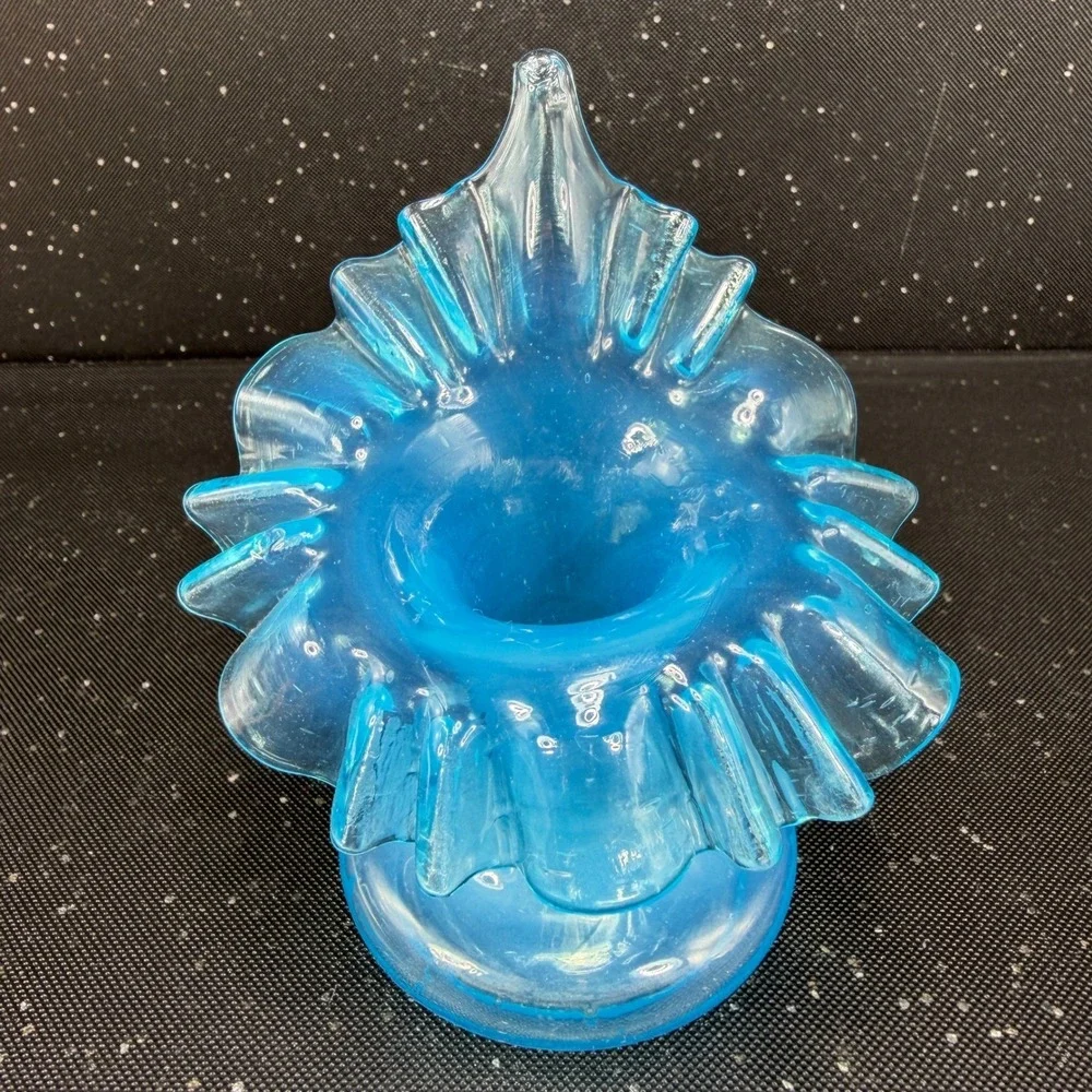 Vintage Blue Blown Art Glass Ruffled Jack in the Pulpit Vase Vessel 5in